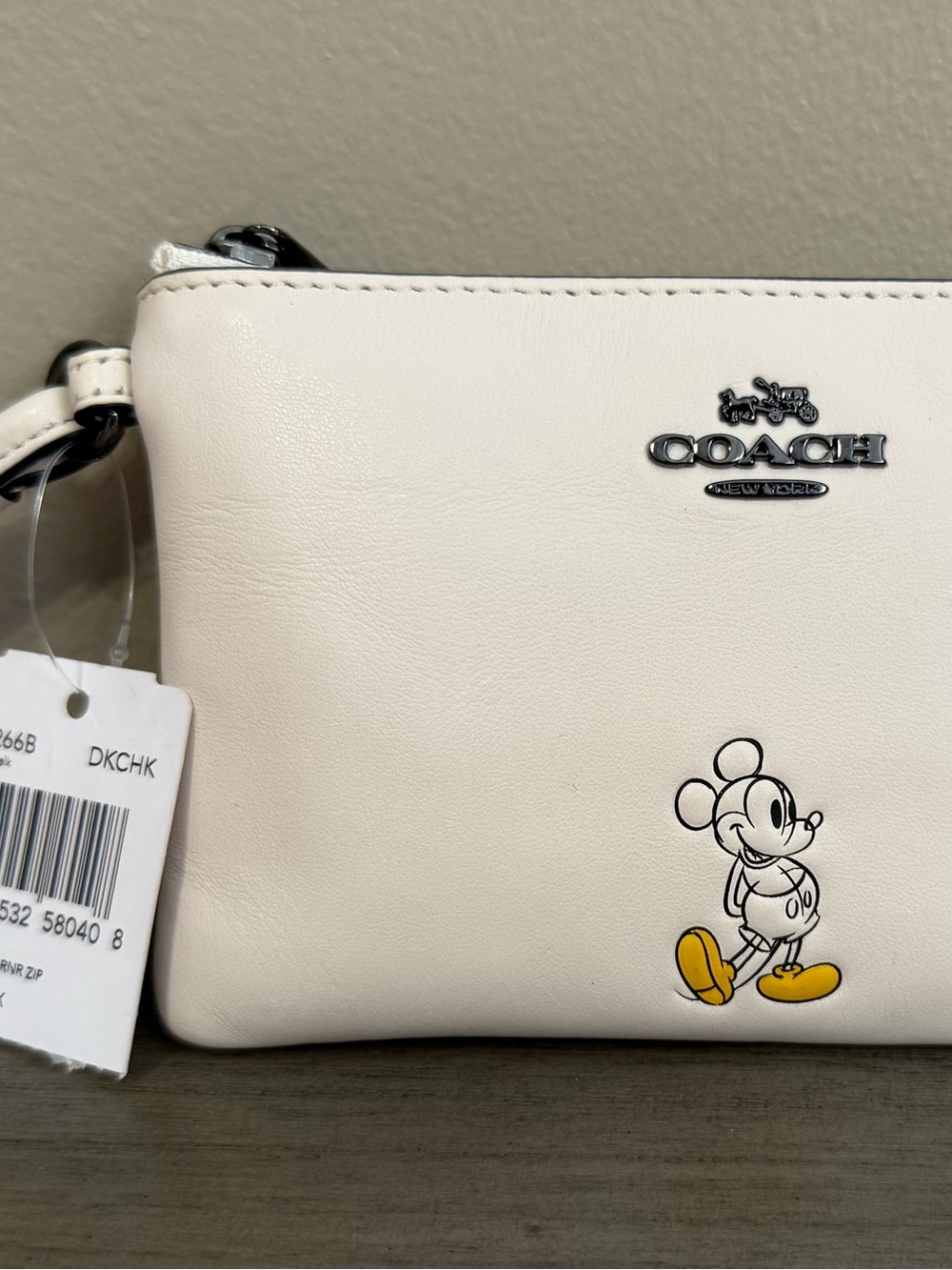 Coach White Leather Mickey Mouse Zip Pouch with Yellow Accent